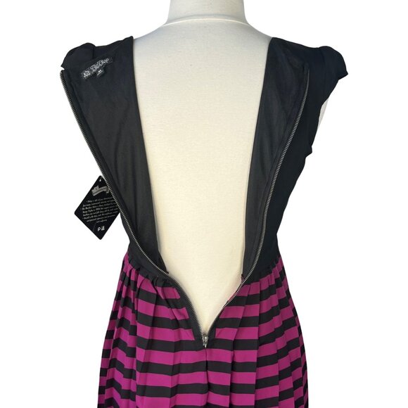 Be Bop Fit and Flair Dress Size Medium Black Purple Pleated Striped New - Picture 5 of 11